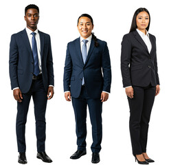 Three diverse young adult professionals, a Black man, an Asian man, and an Asian woman, stand confidently in formal business suits against a plain transparent background.