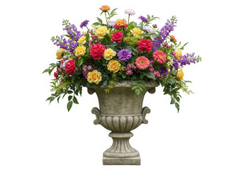 Floral arrangement in stone vase isolated on transparent background