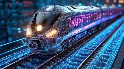Futuristic High Speed Train with Digital Circuit Pattern on Tracks at Night