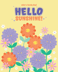 White, orange, and purple flowers bloom with cheerful faces, spreading summer happiness under the sunny sky.