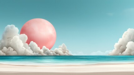 Serene Beach Landscape with Large Pink Sun and Soft Clouds over Calm Ocean Waves