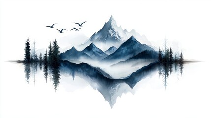 Fototapeta premium Serene Mountain Landscape with Reflection in Calm Waters under Soft Gray Sky