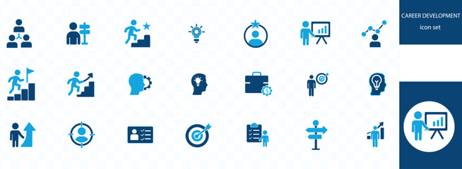 CAREER DEVELOPMENT icon set . job and work icon set. Containing businessman with case icon. Achievement symbol vector