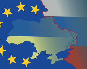 Map of Ukraine and Russia in the context of war. Painted in the colors of the flags of the countries. The flag of the European Union and support. Vector illustration