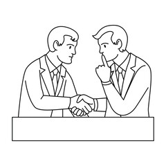 secret deal. Two men shake hands. Business agreement, linear vector illustration