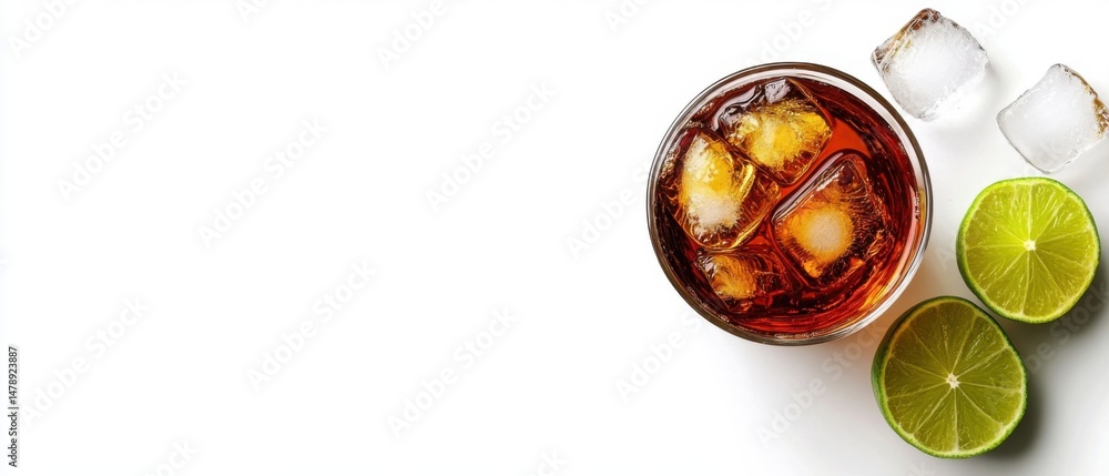 Poster refreshing rum and cola cocktail with ice cubes and lime slices on white background top view studio 