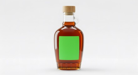 Maple Syrup in Glass Bottle with Green Label Mockup on White