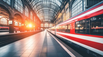 Obraz premium A dynamic shot of a modern train station interior, showcasing sleek lines and glass ceilings with natural light streaming in, highlighting contemporary design elements