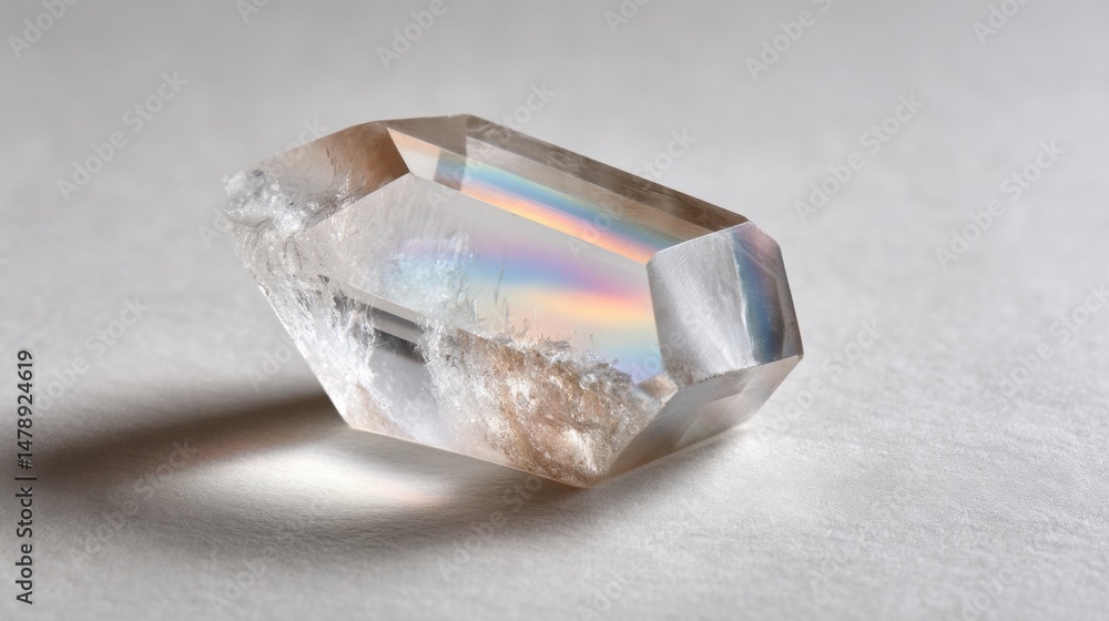 Aufkleber macro close-up of a clear quartz crystal with rainbow inclusions and textured surface, resting flat 