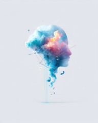 Obraz premium Abstract Mind Concept: Colorful Cloud Head with Data Lines and Pastel Background