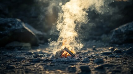 A dynamic shot of smoke billowing from a small campfire, with glowing embers visible, capturing the warmth and rustic charm of outdoor life