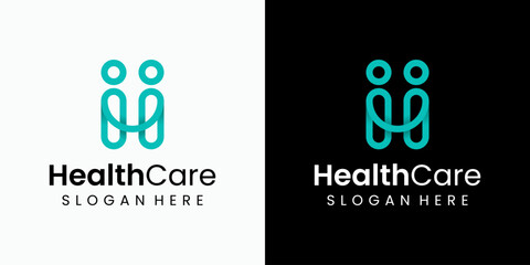 Vector logo design of two people shaking hands in modern, simple, clean and abstract style. Icon for business, health care, coaching and personal branding.