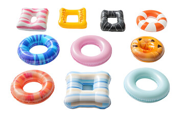top-view render of beach essentials arranged separately on a clean white background