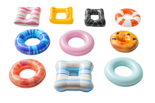 top-view render of beach essentials arranged separately on a clean white background