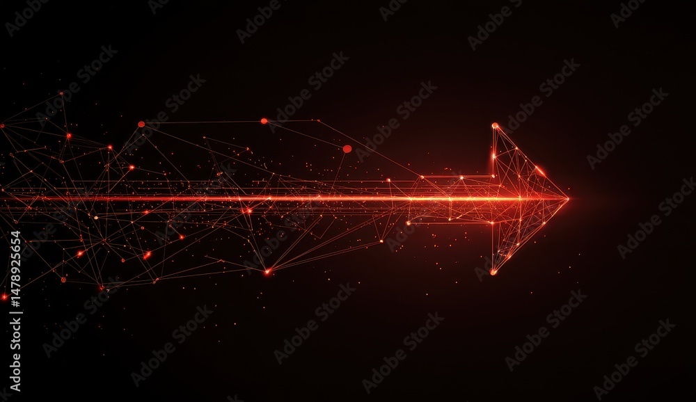 Poster abstract digital arrow design with glowing points and lines.
