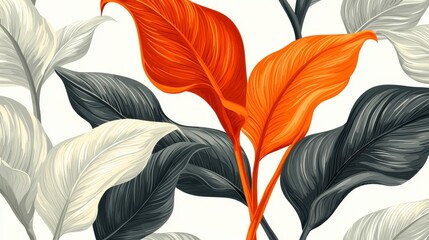 Stylized Leaf Illustration Orange, Gray, and Off White Leaves on White