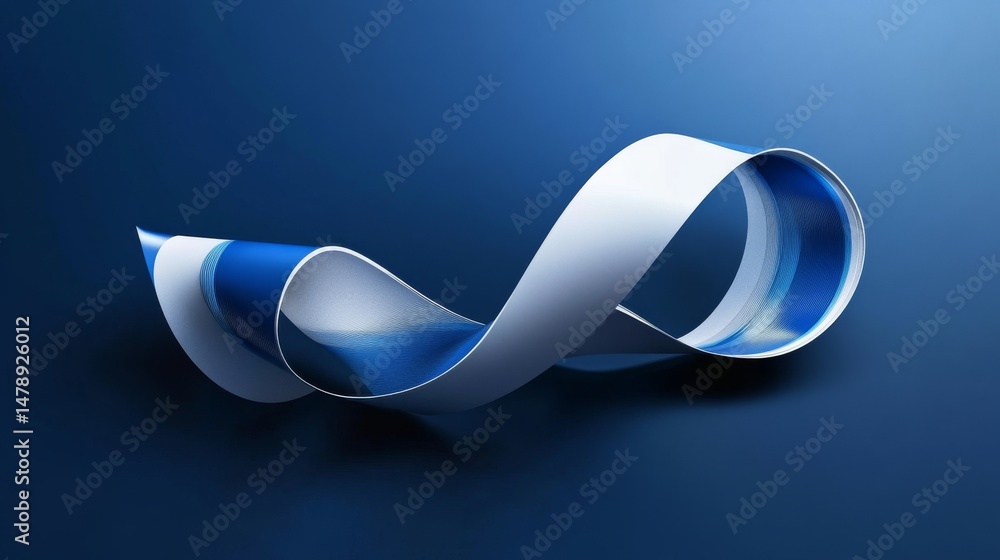 Poster 3d abstract ribbon-like shape, flowing in the center of an all-dark blue background, with blue and w