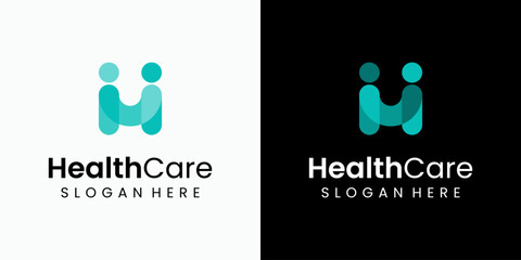 Vector logo design of two people shaking hands in modern, simple, clean and abstract style. Icon for business, health care, coaching and personal branding.