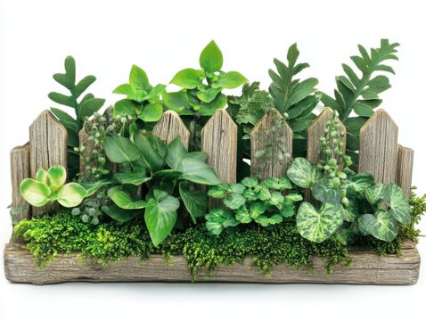 Lush greenery and rustic charm still life of a miniature garden with a weathered wooden fence on a white background