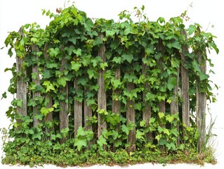 Obraz premium Rustic wooden fence covered in vibrant green ivy vines in an outdoor setting on a bright day full frame