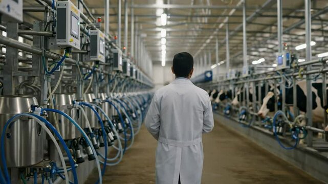 A Young Asian Male Dairy Farmer in a White Lab Coat Observing Milking Equipment in a Modern Dairy Farm Amidst Rows of Milking Machines