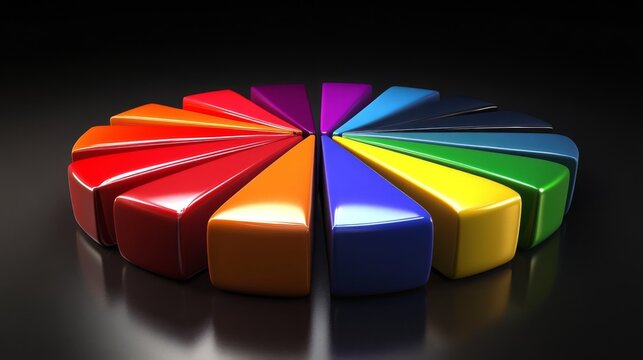A glossy D pie chart with bold colors and metallic details, each slice illuminated, creating a luxurious and sophisticated look