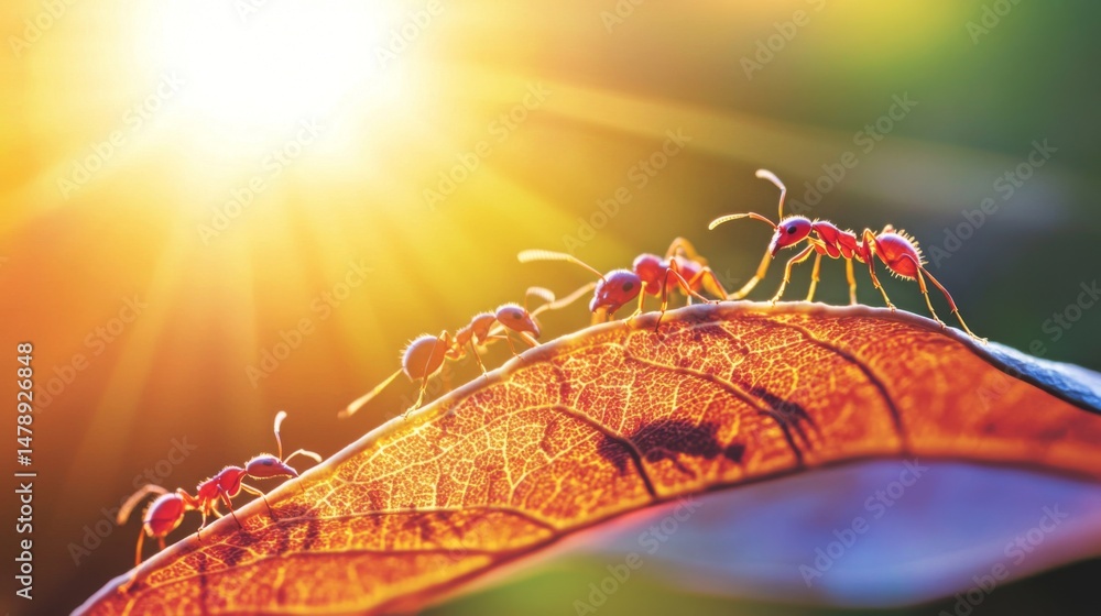 Aufkleber a group of ants climbing on the edge of a leaf, with intricate patterns of veins visible in the back