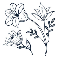 Set of floral icons in outline style, featuring decorative abstract flower designs for use in digital art, crafts, patterns, logos