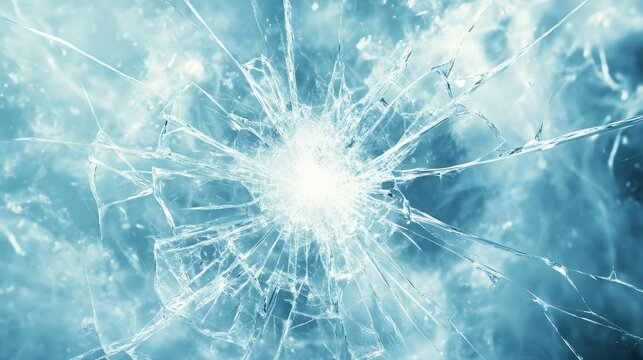 Shattered glass with a central impact point, radiating cracks, and a cool blue tone.