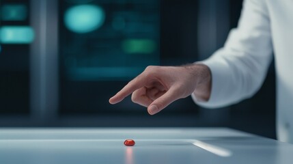 Responsive Virtual Interfaces Enhanced by Hologram Technology, A hand reaches towards a small object on a table, set against a futuristic background.
