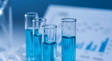 Blue Liquid in Test Tubes with Charts in Background