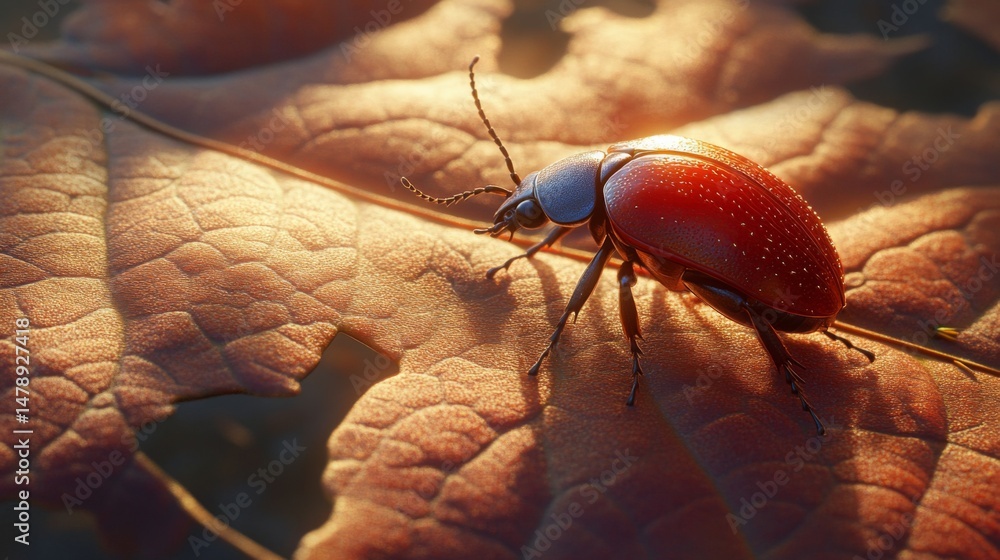Poster a macro image of a beetle crawling on a leaf, with sunlight illuminating its shiny body and the intr