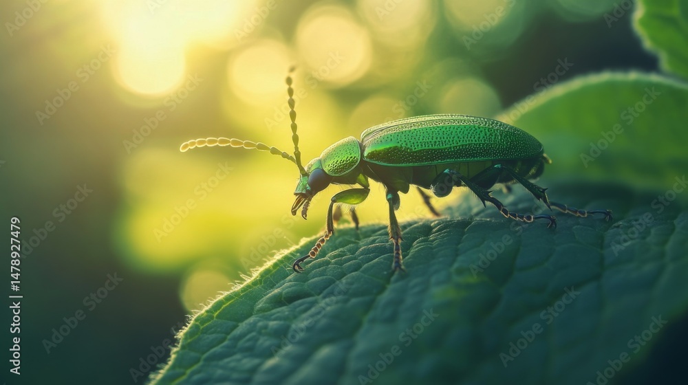 Poster a macro image of a beetle crawling on a leaf, with sunlight illuminating its shiny body and the intr