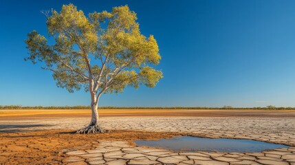 A lone tree in a dried-up lake bed, surrounded by cracked, barren earth under an intense blue sky, showing the effects of prolonged drought
