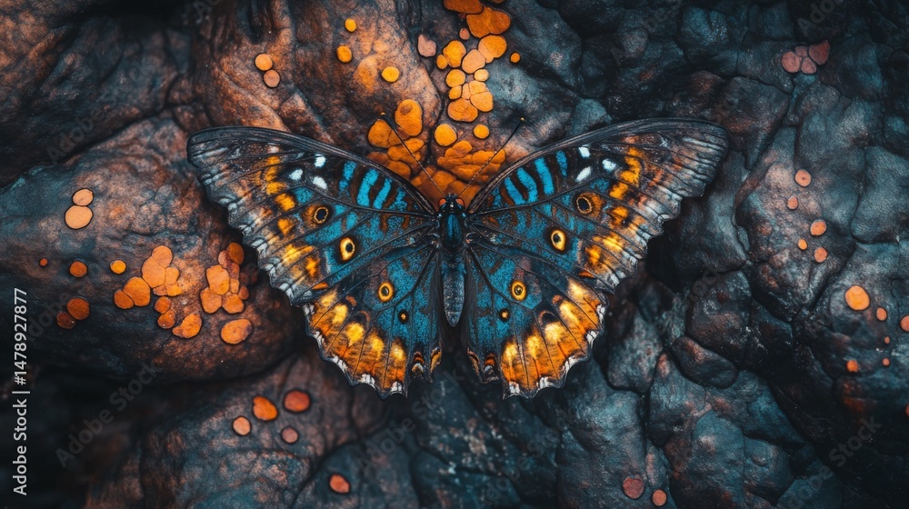 Poster A macro photograph of a butterfly resting on a leaf, with its colorful wings spread wide, emphasizing the intricate patterns and textures
