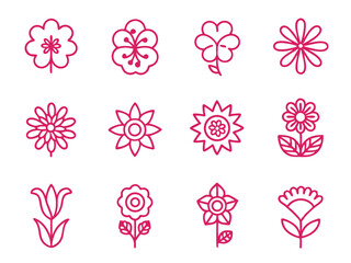 Set of floral icons in outline style, featuring decorative abstract flower designs for use in digital art, crafts, patterns, logos