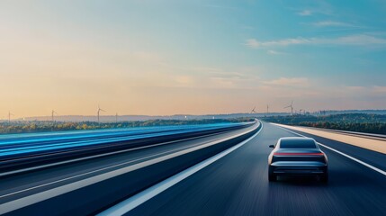 Obraz premium Responsive Virtual Interfaces Enhanced by Hologram Technology, A car drives on a modern highway with wind turbines in the background during sunset.