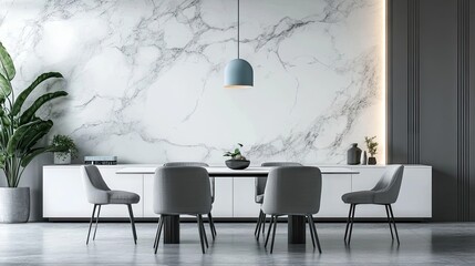 Contemporary dining room interior design with marble walls.