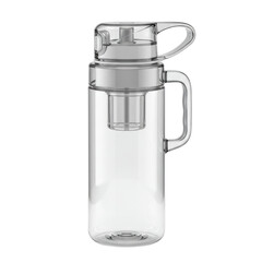 Clear water bottle with grey accents & infuser, ideal for hydration on black background