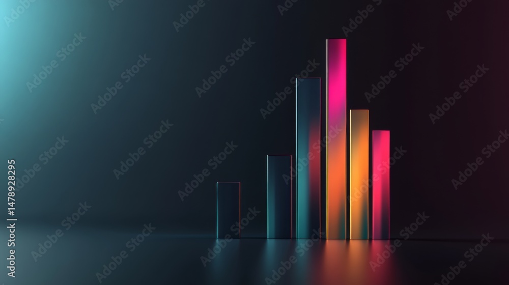 Poster a modern d bar graph in vibrant colors on a dark gradient background, with reflections and shadows e