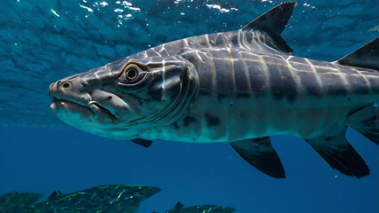 Fototapeta premium Underwater shot of a large prehistoric fish swimming in deep blue water.