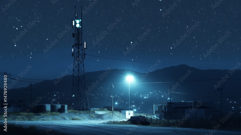 Poster a nighttime shot of a telecommunications tower illuminated by soft lights, with stars twinkling in t