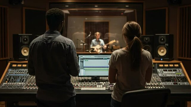 A male and female music production team overseeing a recording session with a guitarist in a professional studio environment, focusing on sound engineering and creativity.