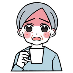 コップを持つ顔の赤い困り顔の老人男性のイラスト
