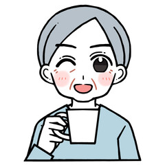コップを持つウインクで笑う老人男性のイラスト