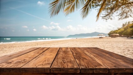 Fototapeta premium Wooden floor or plank on sand beach in summer. For product display. Calm Sea and Blue Sky Background.