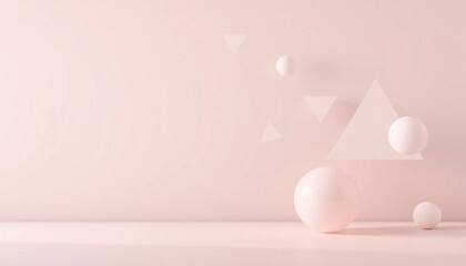 Minimalistic geometric composition featuring spheres and triangles on a light pink backdrop, creating a sense of serenity and depth
