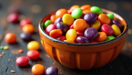 A colorful assortment of Halloween candies in a bowl Spooky sweets for the holiday , celebration, autumn colors, jelly beans