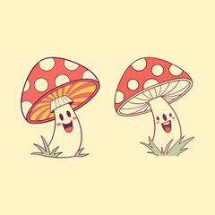 Cute Cartoon Mushroom Set. Happy Toadstool Characters, Hand-Drawn Vector Illustration