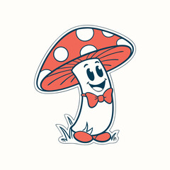 Cute Cartoon Mushroom. Happy Toadstool Character, Hand-Drawn Vector Illustration